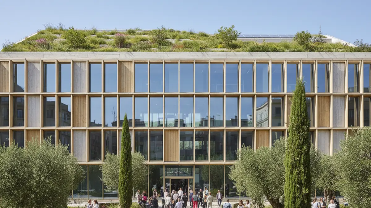 Imagen de la fachada de un edificio moderno y funcional, con un diseño contemporáneo y sostenible.