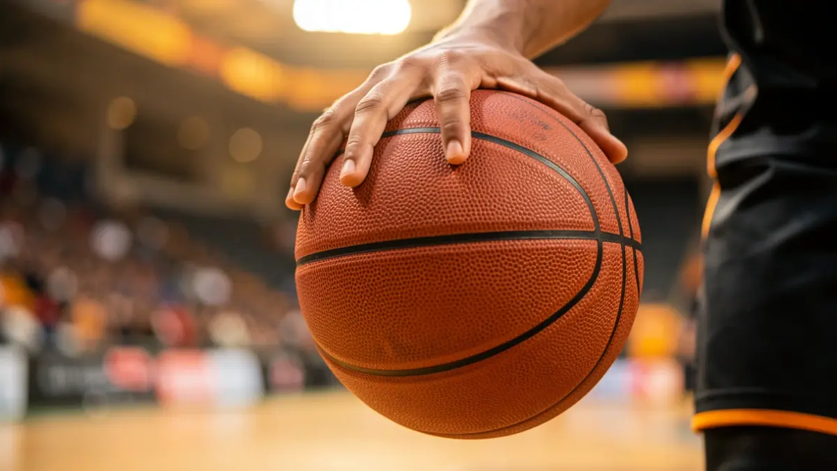 Primer plano de una mano sujetando un balón de baloncesto, con un estadio desenfocado al fondo.