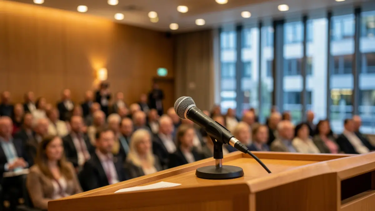 Generic image of a microphone on a podium during a conference.