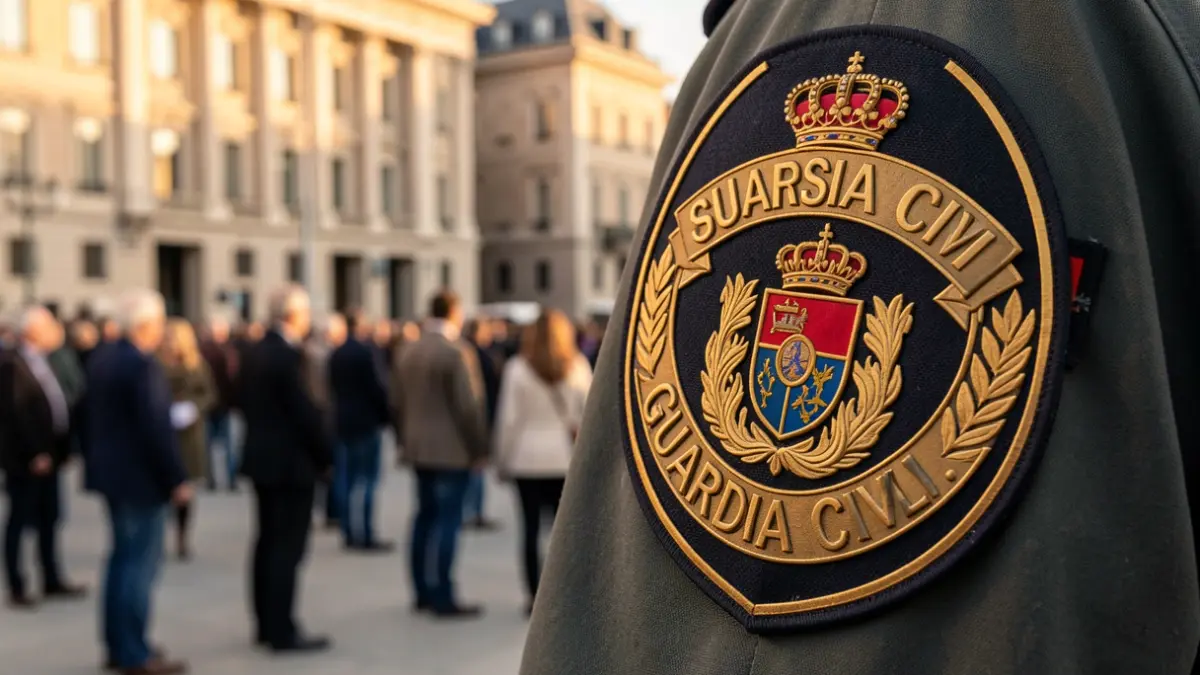 Placa de la Guardia Civil española con el Congreso de los Diputados al fondo.
