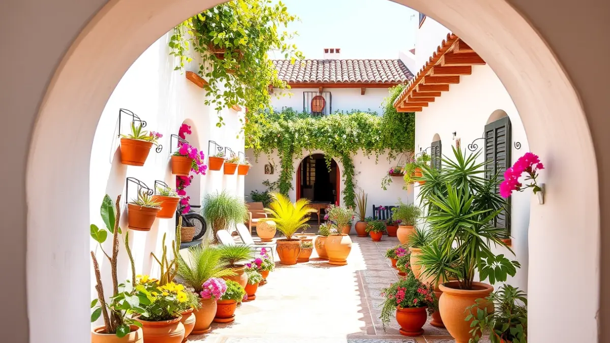 Imagen de un patio cordobés tradicional con plantas y azulejos.