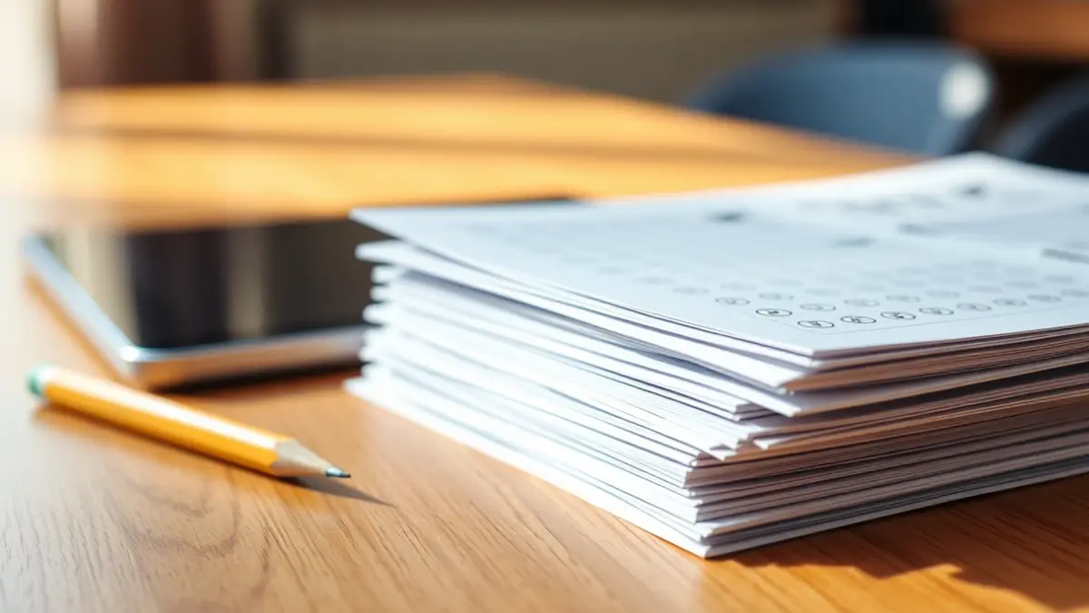 Imagen genérica de materiales de evaluación educativa, con cuadernillos y una tableta digital.
