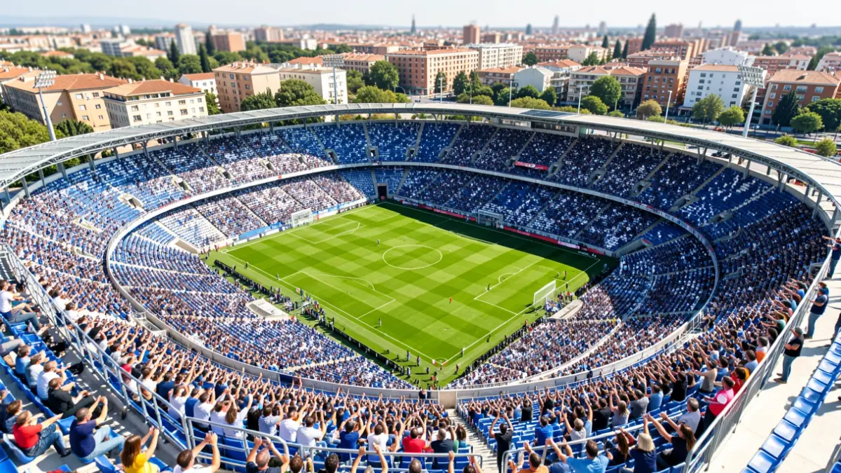 Imagen genérica de un estadio de fútbol lleno con un mosaico en las gradas.