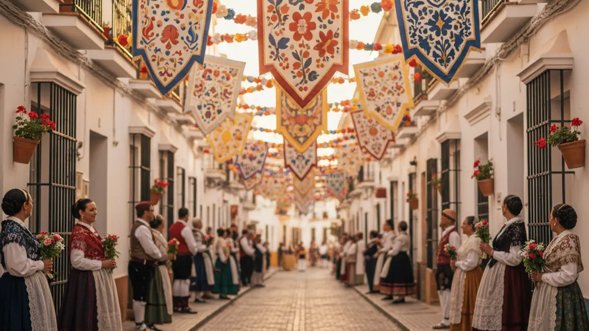 Imagen de una calle andaluza decorada con flores de papel para una romería.