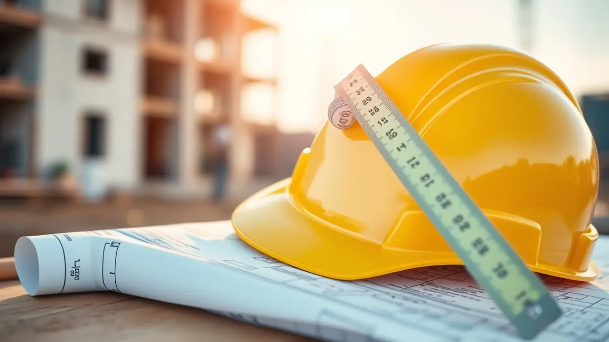 Imagen genérica de un plano de construcción con un casco de seguridad y una cinta métrica.