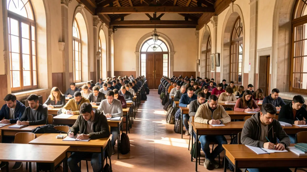 Image of students taking exams in a classroom in Andalusia.
