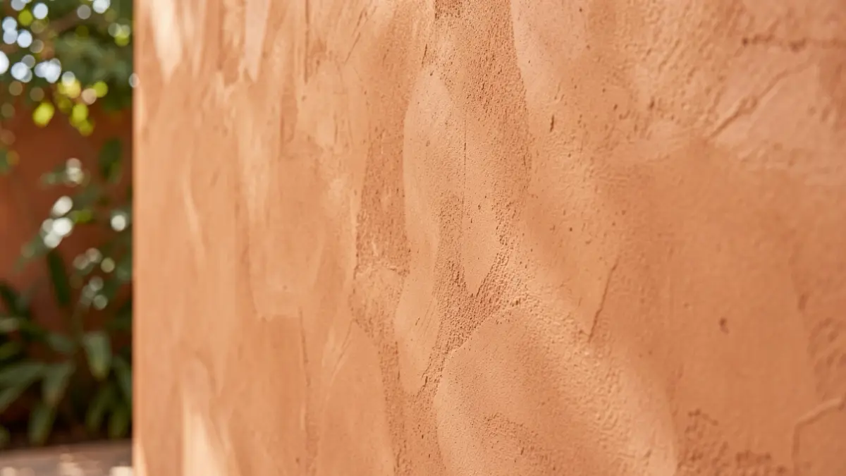 Primer plano de una pared de yeso texturizada y sin juntas en tono tierra cálido, con luz natural suave.