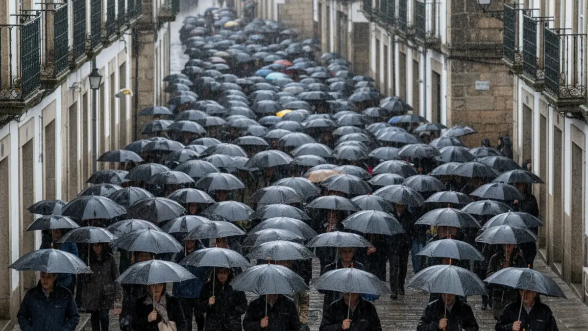 Image of a demonstration in the rain on the streets of an Andalusian city.