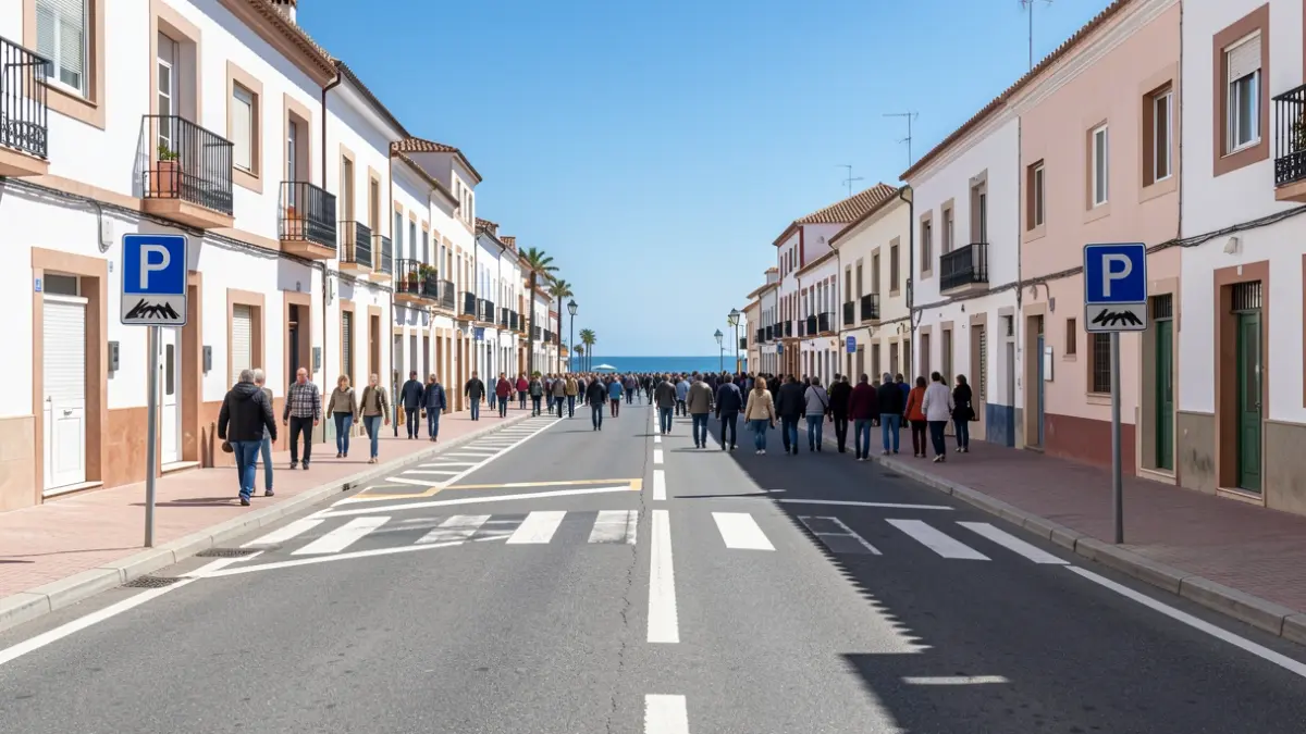 Imagen de una calle en Matalascañas con señalización de aparcamiento.