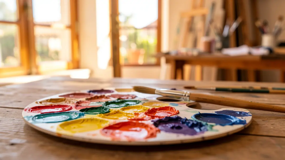 Close-up of a paint palette with vibrant colors and a brush, on a wooden table, with a blurred sunny Andalusian studio in the background.