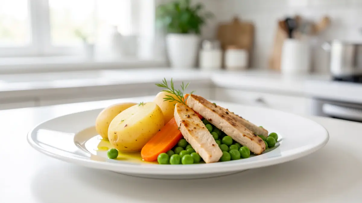 Healthy meal plate with potato, carrot, peas, and chicken.