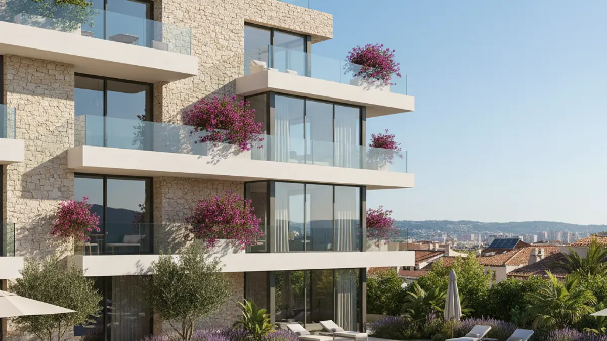 Generic image of a modern residential building with a swimming pool and gardens.