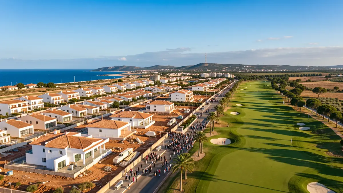 Vista aérea de una nueva urbanización en construcción junto a un campo de golf en la costa de Almería.