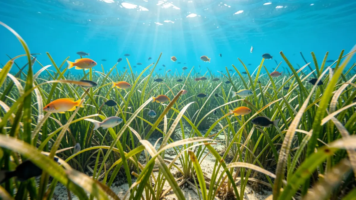 Generic image of a marine meadow with marine life and sunlight.