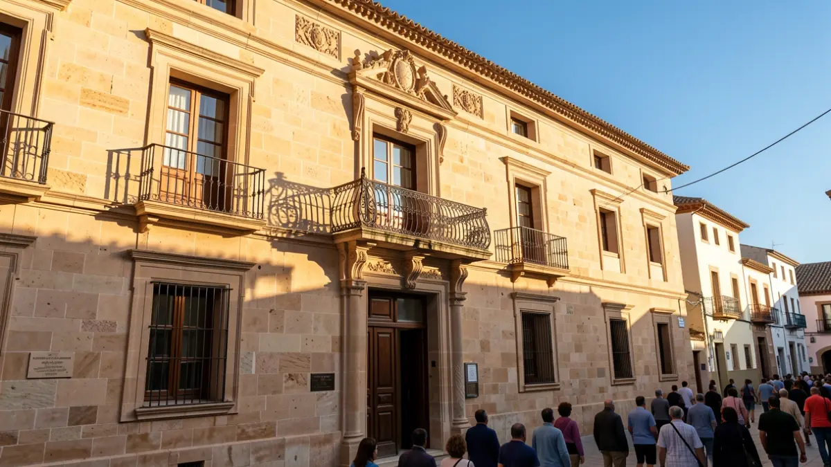 Fachada del Ayuntamiento de Mijas con balcón y barandillas de hierro, luz de sol de la tarde.