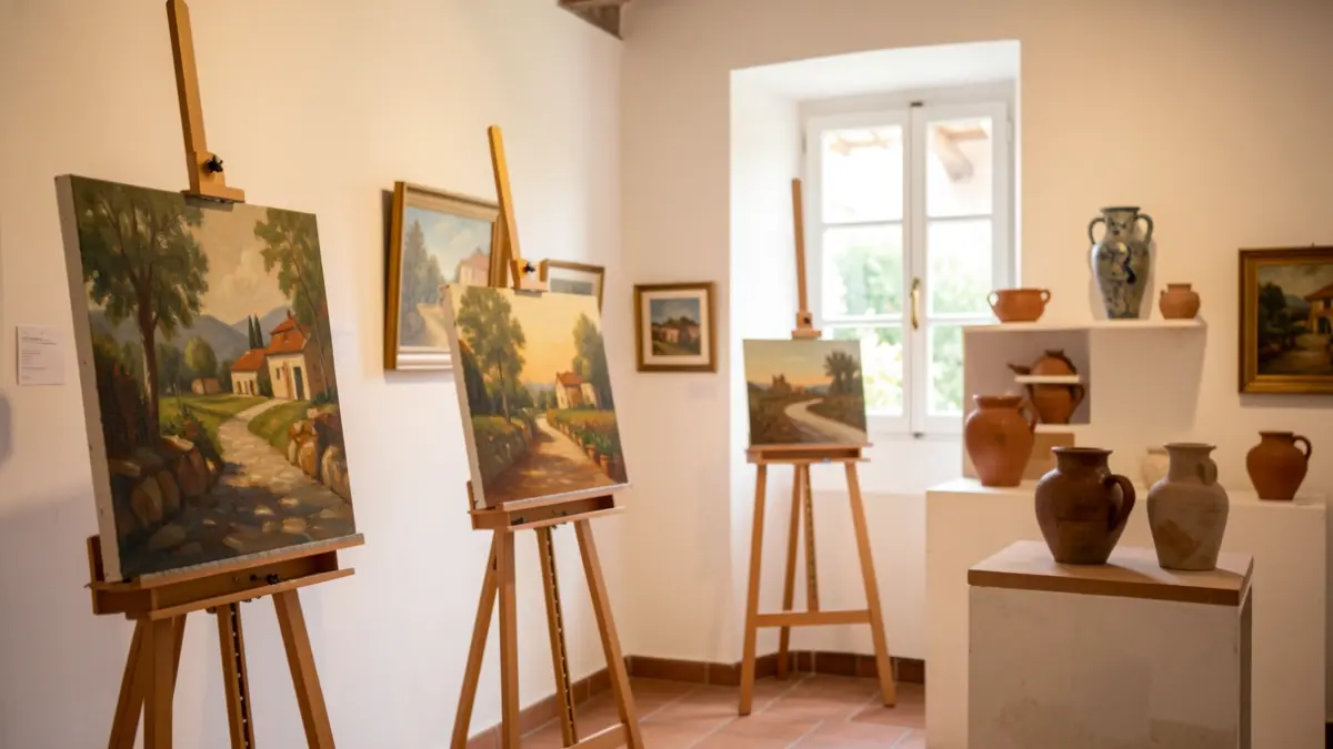 Interior of an exhibition hall with artwork and ceramics.