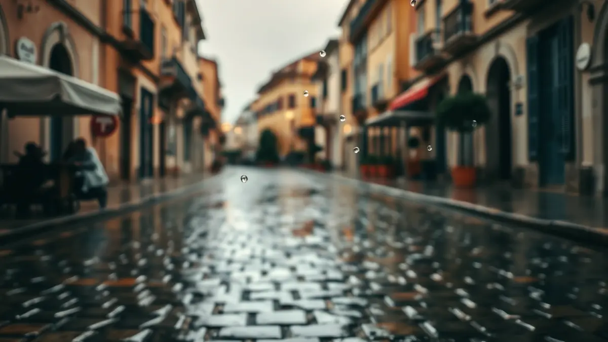 Generic image of a wet street in a Mediterranean town on a cloudy, rainy day.