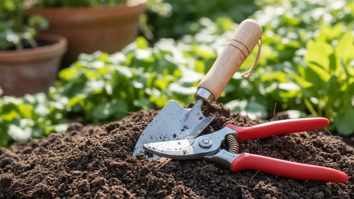 Generic image of gardening tools on fertile soil.