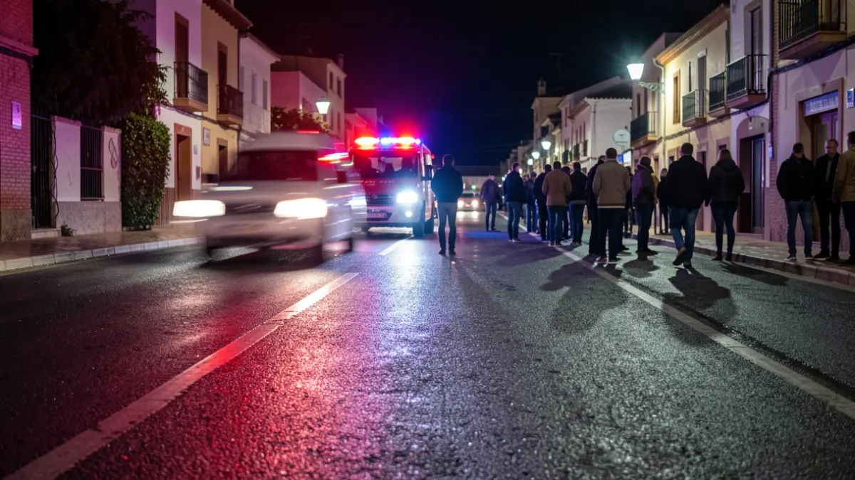 Generic image of emergency lights reflecting on a wet road at night.