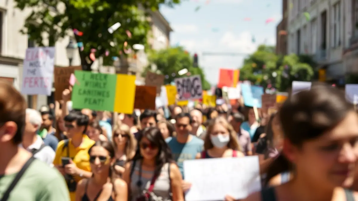 Generic image of a demonstration with people marching and banners.