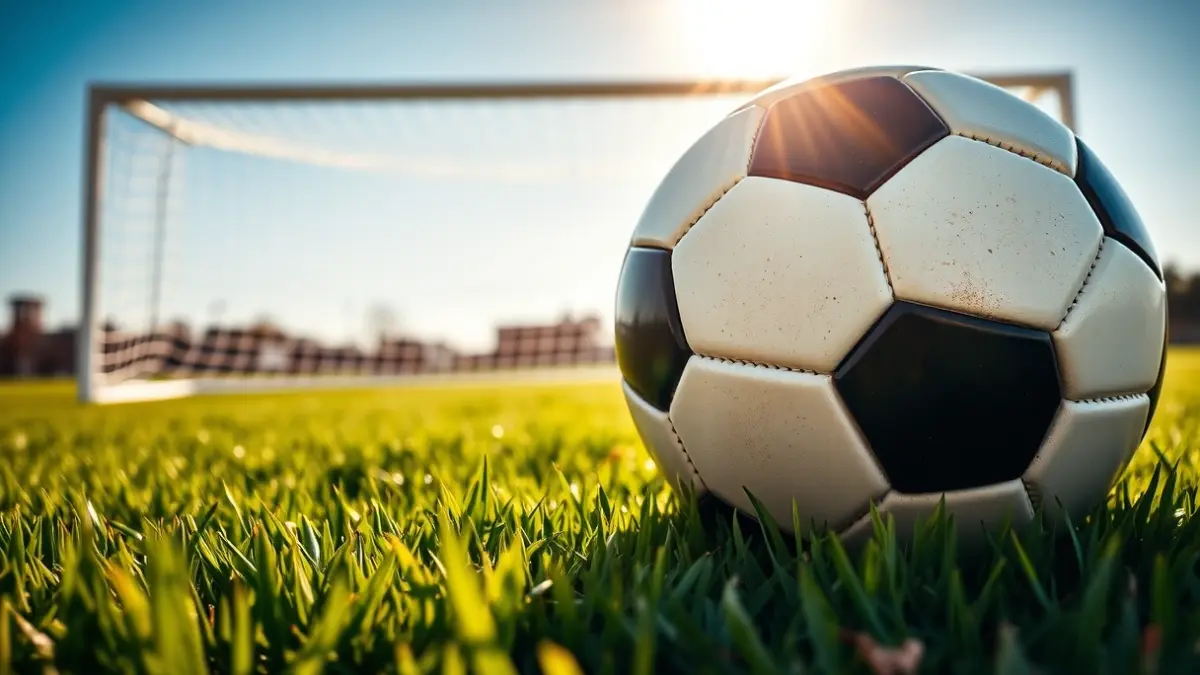 Generic image of a soccer ball on grass, with a blurred goal in the background.
