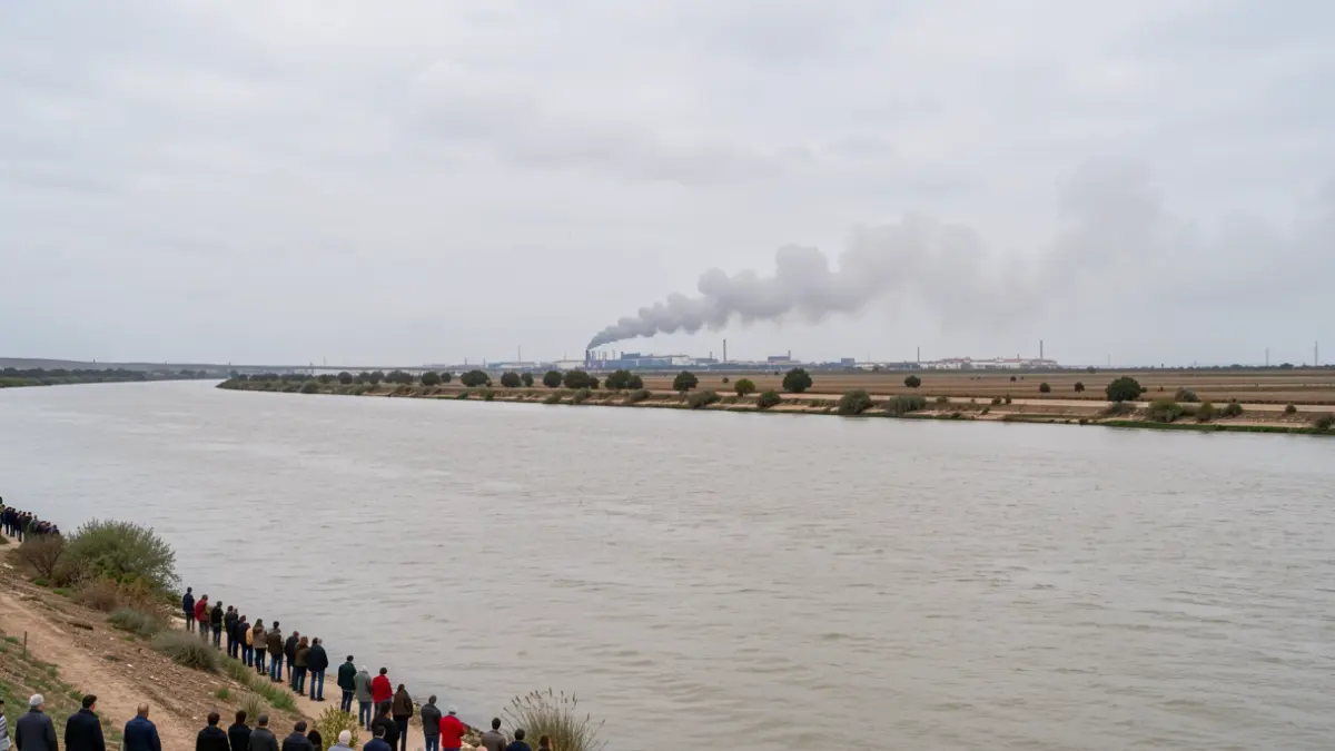 Image of the Guadalquivir River estuary with industrial smoke in the background.