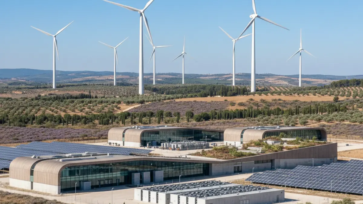 Image of a modern energy park with wind turbines and industrial buildings.