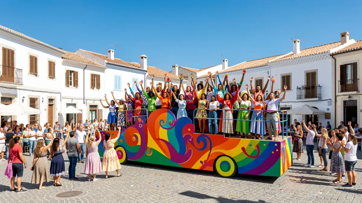 Generic image of an LGBTQ+ pride float with people celebrating in a typical Andalusian town square.