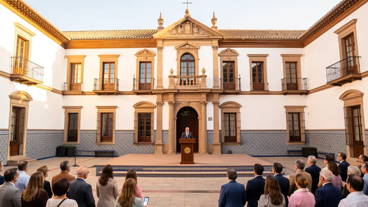Image of the Granada City Hall Patio with a lectern set up for the Corpus Christi Proclamation.