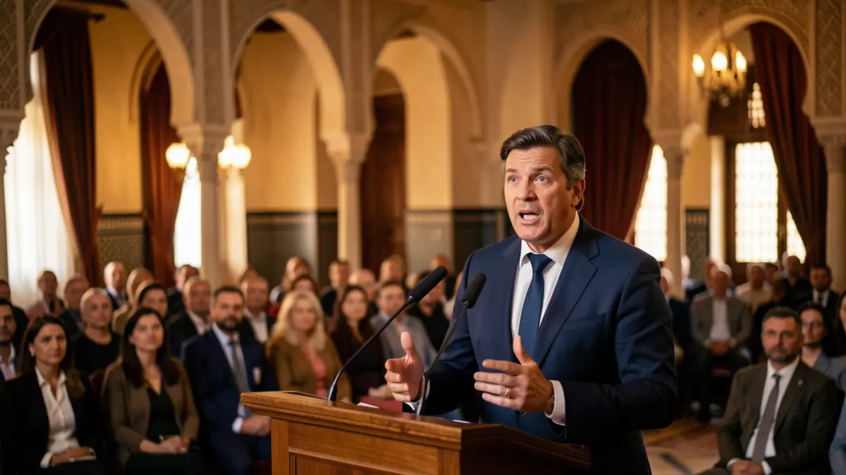 Journalist giving a speech in Granada with Andalusian architecture in the background.