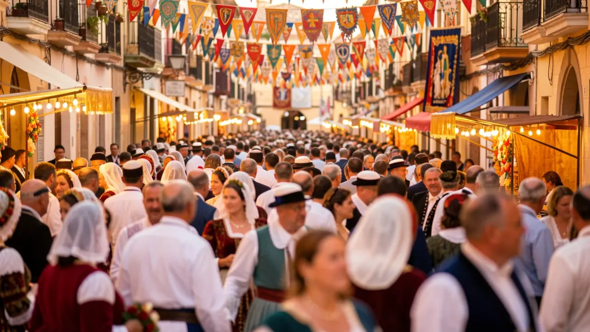 Generic image of the festive atmosphere of Corpus Christi in Granada, with people and decorations.
