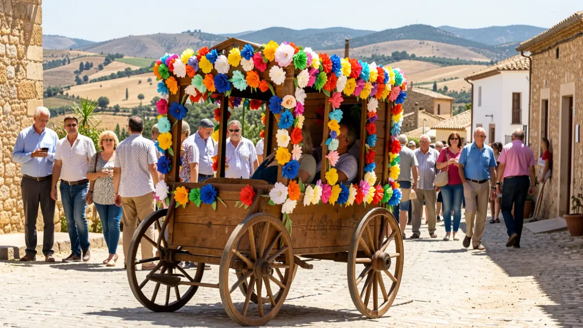 Traditional decorated cart with paper flowers for a pilgrimage in an Andalusian town.