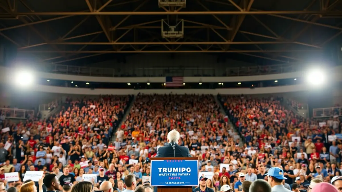 Image of a political rally in a sports pavilion with a speaker at the podium and a blurred crowd.