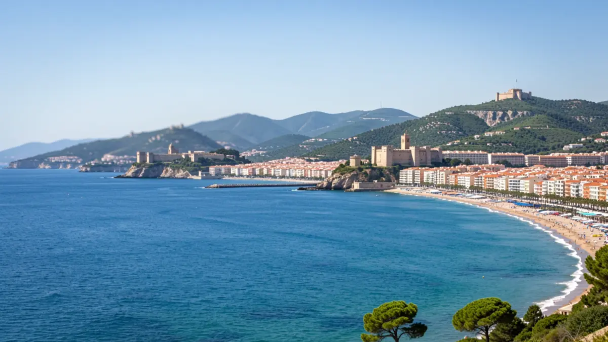 Panoramic view of Malaga's coastline and urban center, highlighting the Alcazaba and Gibralfaro Castle, with the interior hills in the background under the Mediterranean sun.