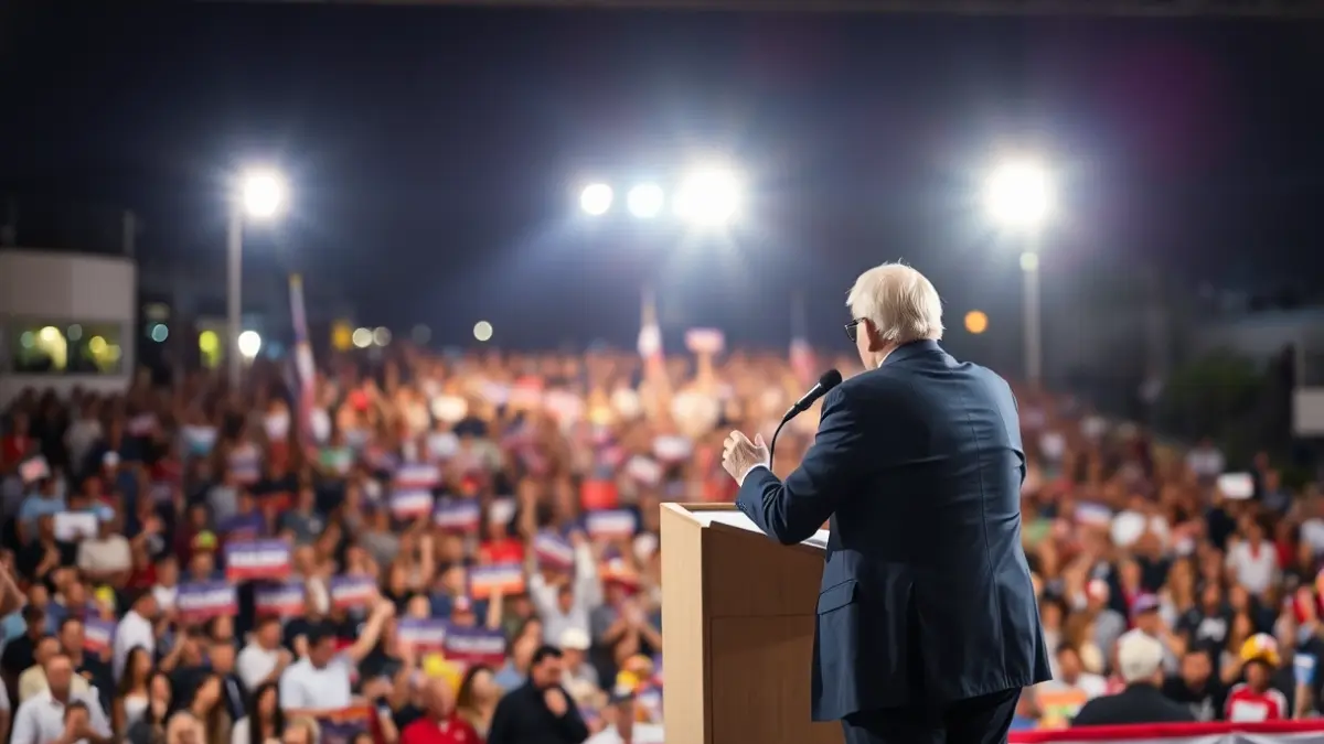 Generic image of a political rally with a microphone at the podium and a blurred crowd.