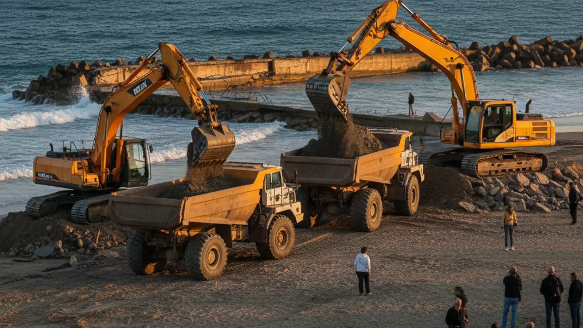 Image of heavy machinery working on beach regeneration at sunset.