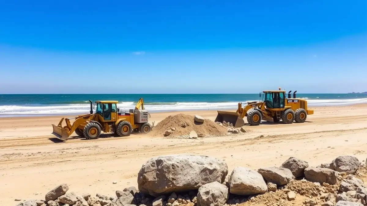 Máquinas trabajando en la playa de Motril para reparar el espigón y reponer arena.