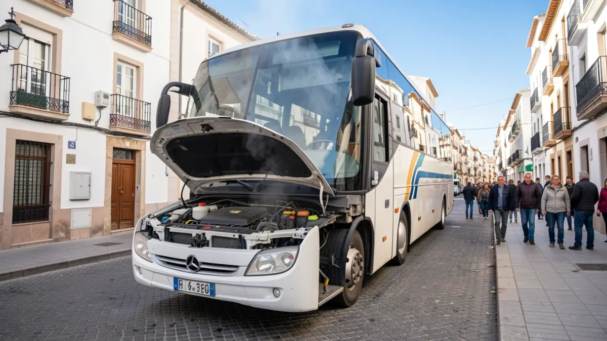 Generic image of an urban bus broken down on a street in Andalusia.