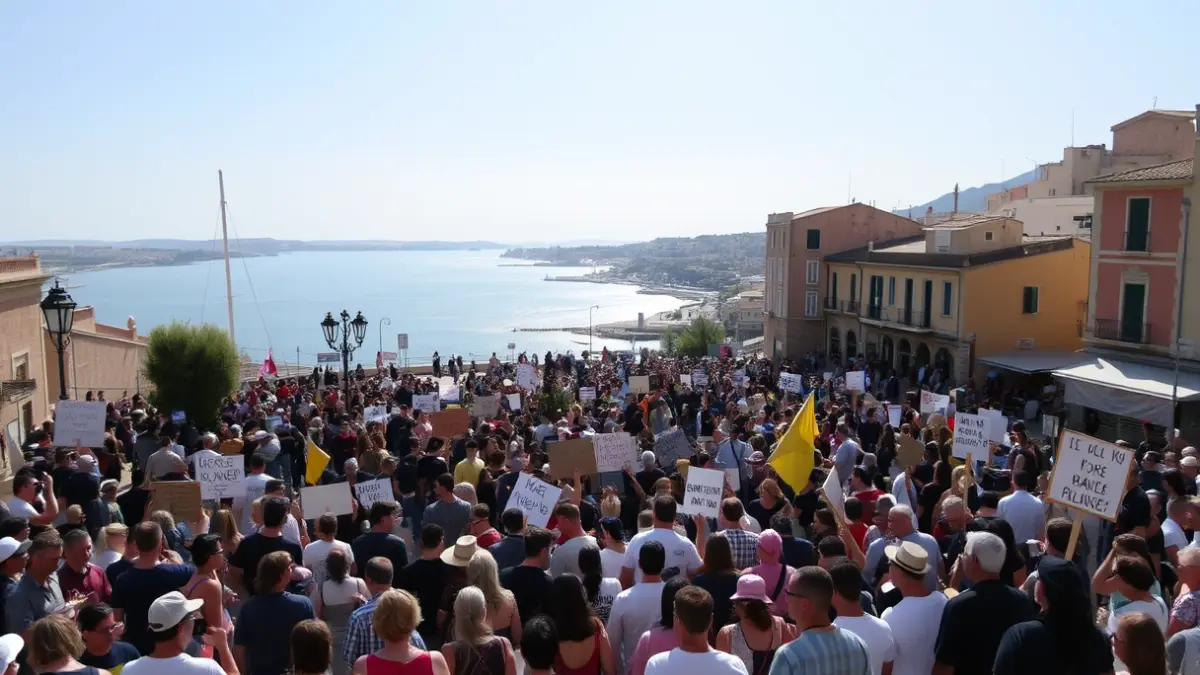 Image of a crowd protesting in a square, with a river estuary in the background.