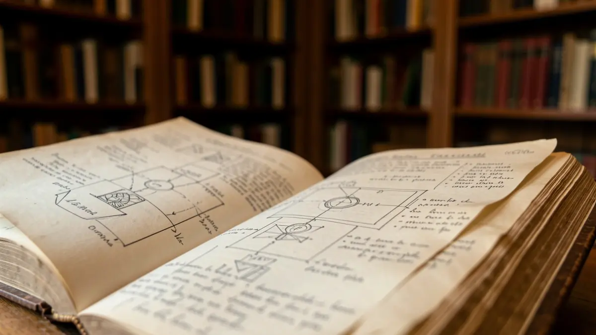 Primer plano de un libro antiguo abierto con diagramas complejos y notas manuscritas en sus páginas, en una biblioteca con poca luz.