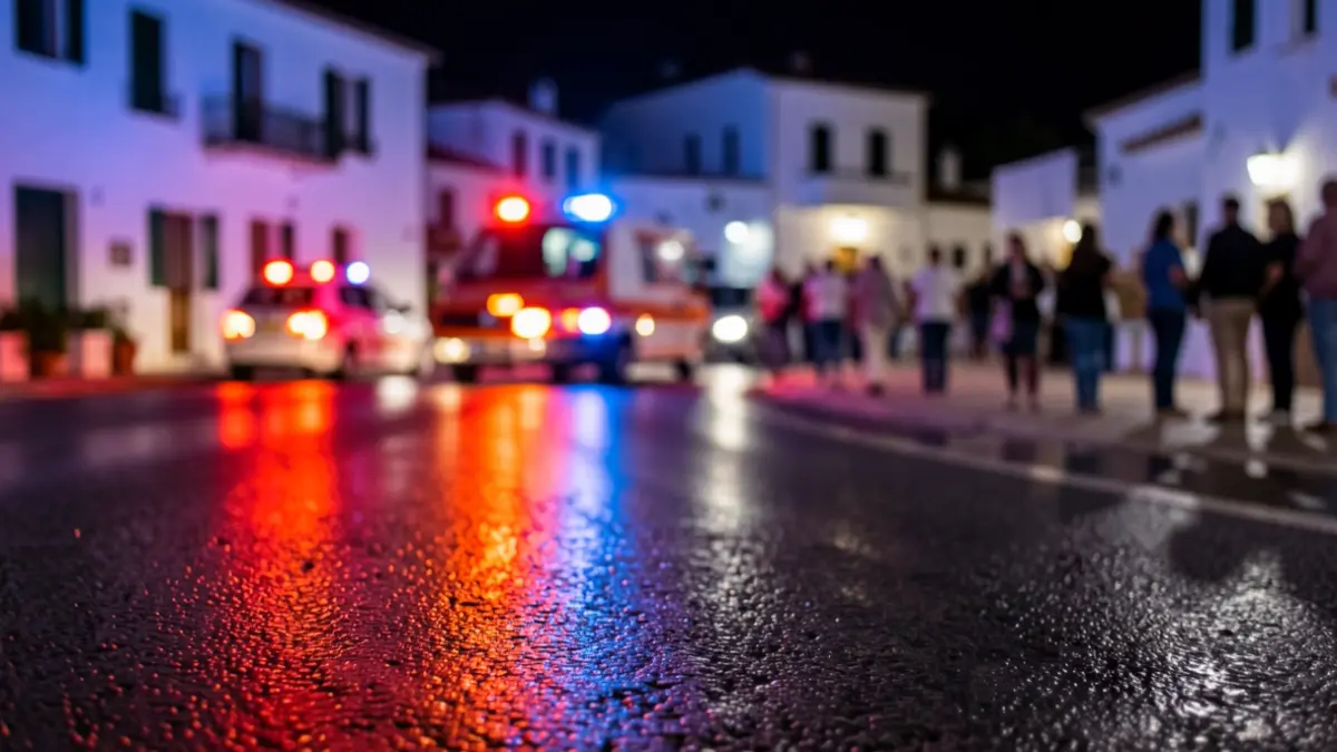 Generic image of emergency lights reflecting on wet asphalt at night.