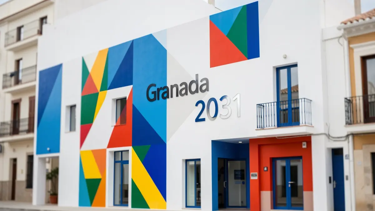 Fachada de un edificio moderno con formas geométricas abstractas y colores vibrantes, simbolizando cultura e innovación, con el texto 'Granada 2031' integrado sutilmente en la arquitectura. Estética mediterránea con paredes blancas y detalles azules.