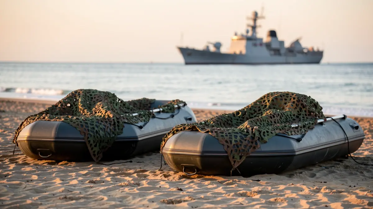 Imagen de tres lanchas semirrígidas camufladas en una playa al amanecer, con el mar y un buque militar al fondo.