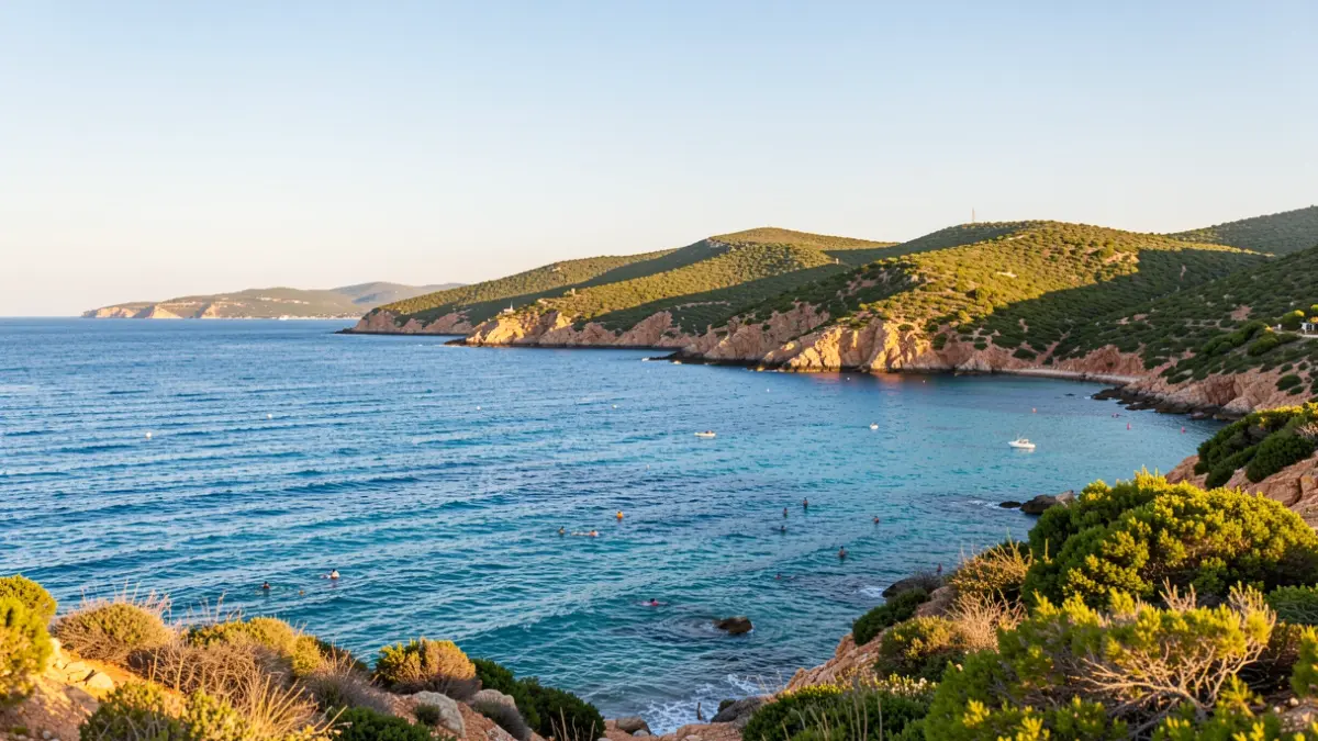 Imagen genérica de la costa de Almería con aguas azules y colinas verdes.