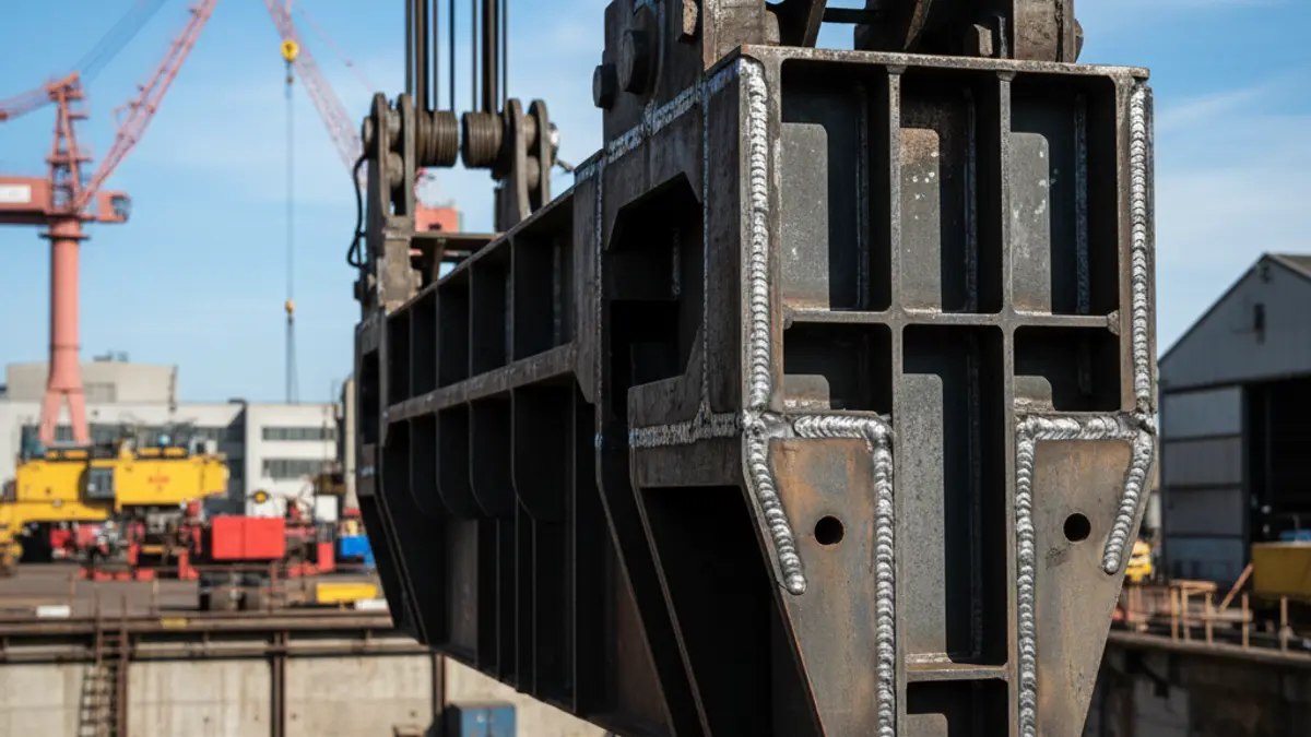 Macrostructure of a vessel being assembled in a dry dock at a shipyard.