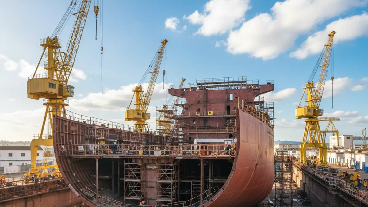 Imagen de una macroestructura de un buque en construcción en un astillero de Puerto Real.
