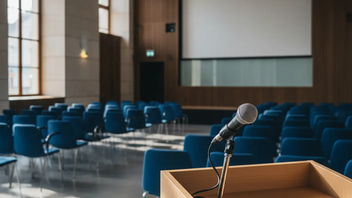 Generic image of a microphone on a podium in a cultural center.