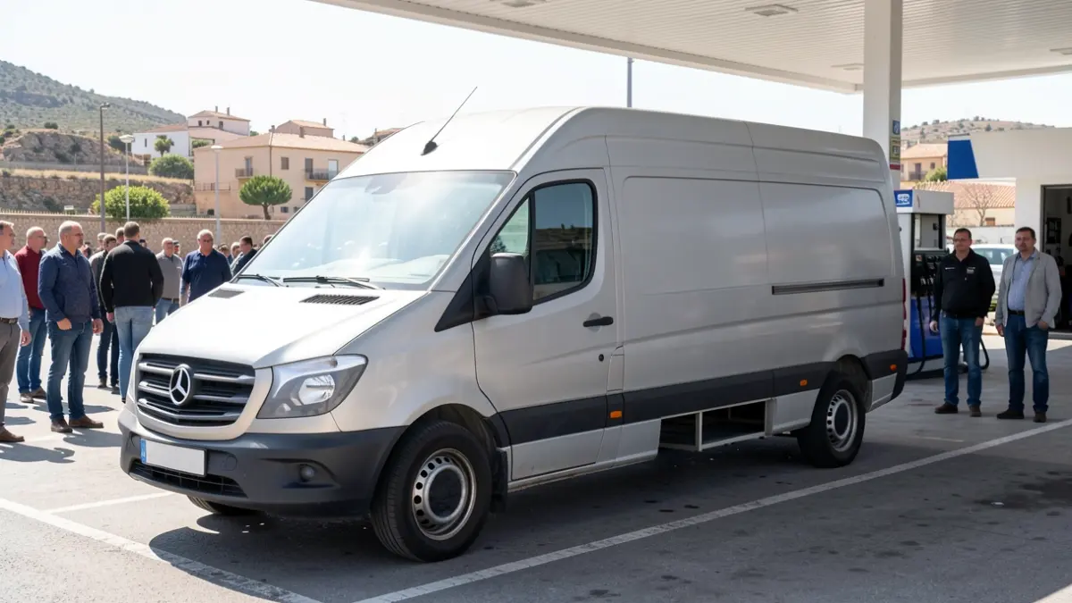 Commercial van with a hidden double bottom for illegal fuel transport.