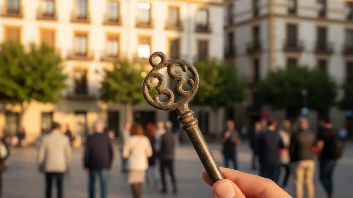 Imagen genérica de una mano sosteniendo una llave con edificios de apartamentos al fondo.
