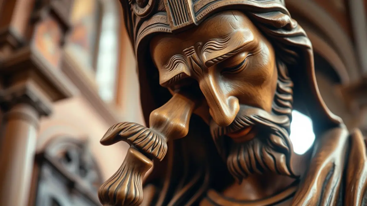 Image of a wooden religious sculpture, with polychromy details and emotional expression.
